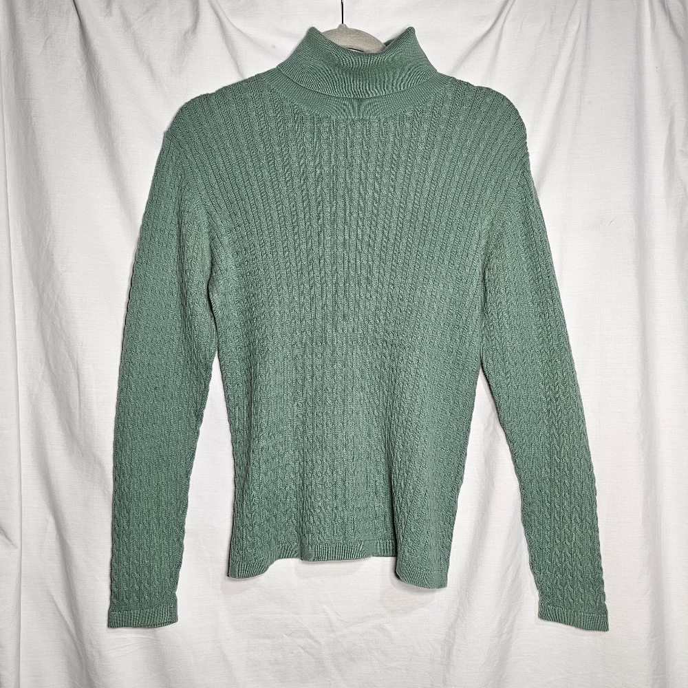 Vintage Lands' End Sz Med Sage Turtleneck Cable Knit Sweater